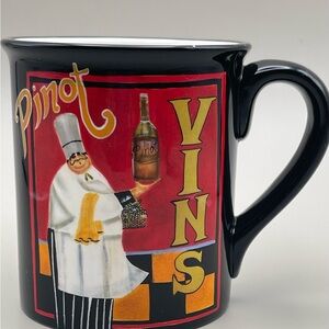 Pinot Vins Wine Mug Chef Design Black Ceramic Coffee Cup Bistro Kitchen Decor